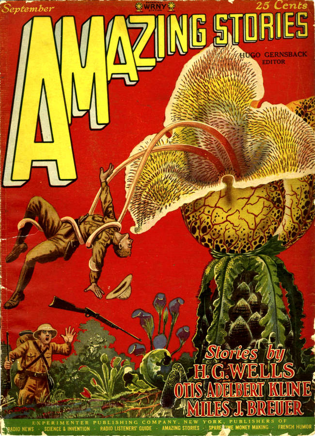 Portada de Frank R. Paul que ilustra el relato La Flor Maligna, escrito por el uator alemán Anthos, publicado en la revista Amazing Stories, número septiembre 1927 